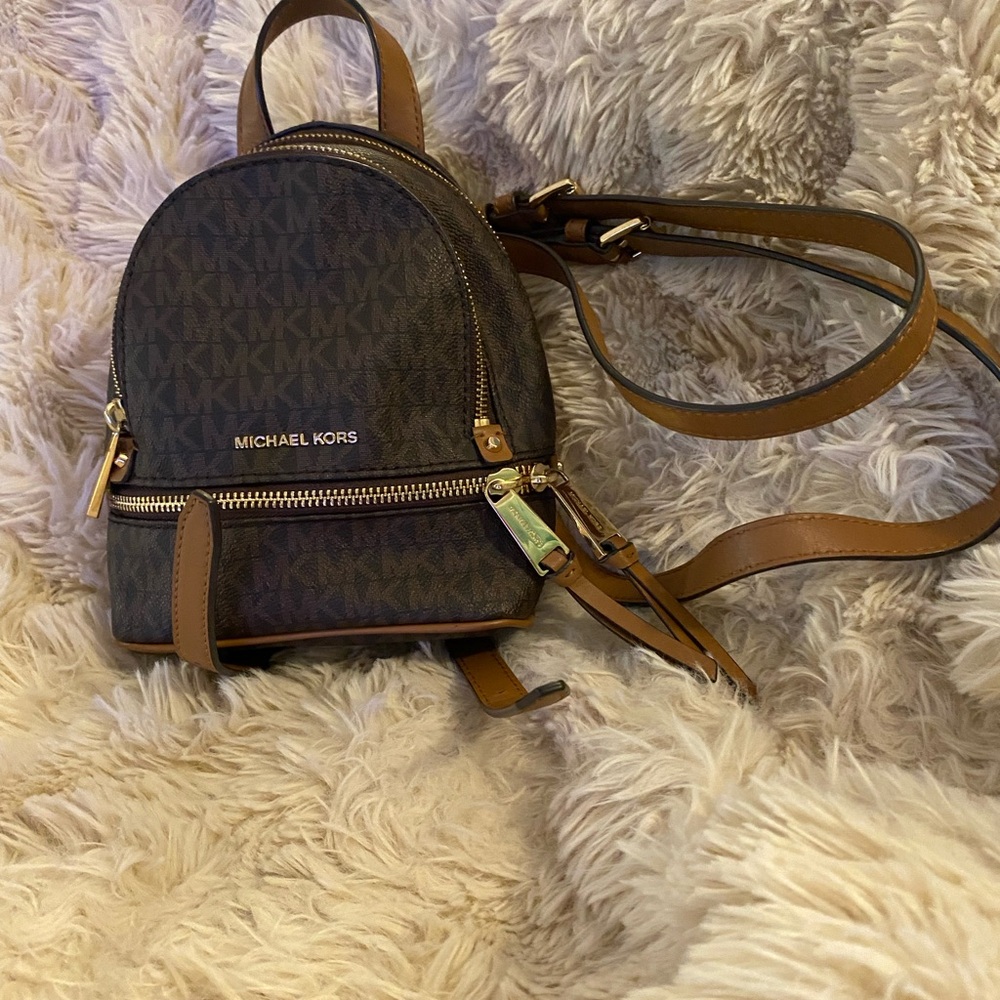 Michael Kors Brown Logo Mini Backpack with Tan Trim and Gold Hardware